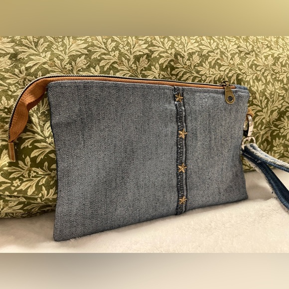 Bohemian Unique One-of-a-Kind Denim Patchwork Clutch with removable Wrist Handle - Picture 3 of 16